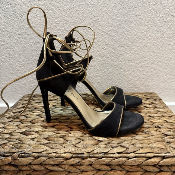 Stuart Weitzman Velvet Black Heels with Gold Tie Up The Ankle Straps - Picture 2 of 6